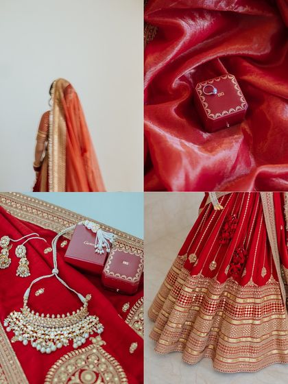 A collage of details from a bridal look, focusing on the rich red fabric, jewelry, and the iconic Cartier box.