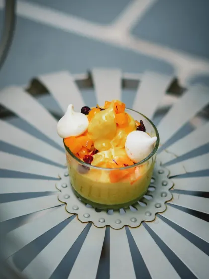 A childhood summer, spooned into a glass. Our Mango Gelato is made with ripe mangoes, fresh churn, and topped with cranberries and crisp meringue.