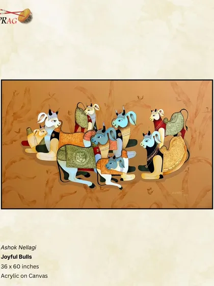 Another version of 'Joyful Bulls' by Ashok Nellagi, showcasing his signature style of depicting these divine animals with warmth and character.