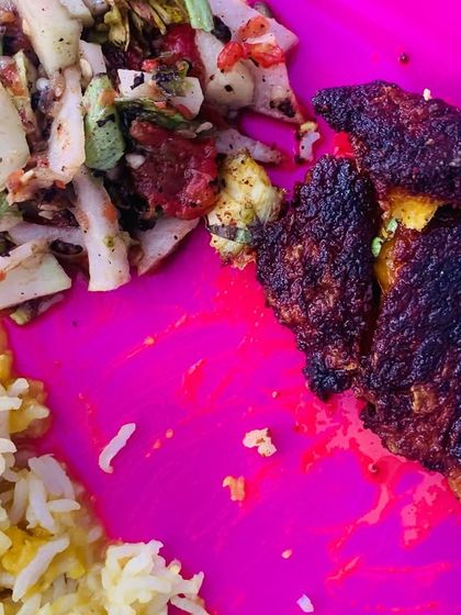 My plate with crispy fried fish, dal, rice, and a fresh salad.