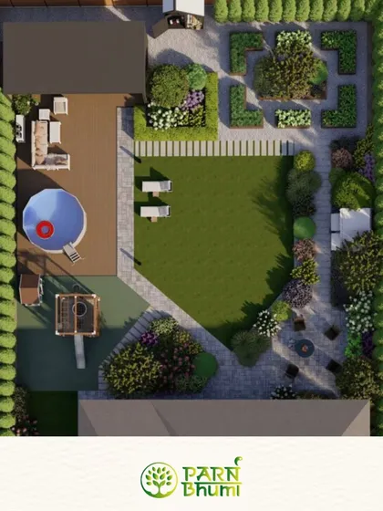 Before we even break ground, you'll see your future garden come to life. This is a top-down view of one of my 3D landscape designs, which allows you to visualize every element. Here you can see the layout for a kids' play zone, a swimming pool, a wooden deck for lounging, and formal garden beds, ensuring the final result is exactly what you envisioned.