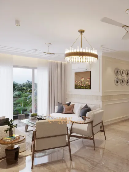 A bright and airy living and dining space that combines classic wall paneling with modern furniture. The chandelier adds a touch of glamour, while the large windows connect the interior with the outdoors.