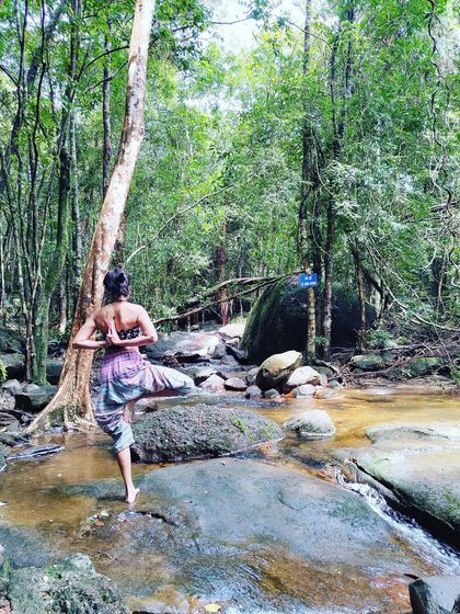 "Balancing in yoga and life is a reflection of our inner state." - Shiva Rea. Finding my still point here by a stream in the forest.