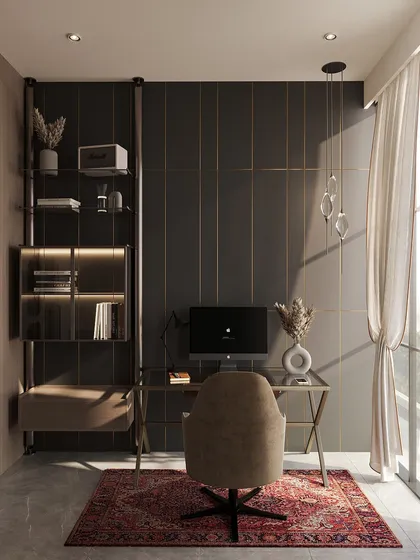 This dark, moody home office features near-black paneled walls and a sleek, modern desk. A traditional red rug adds a pop of color and warmth to the intense, powerful space.