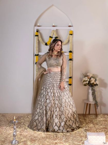 A full-length standing pose to showcase the entire outfit. This shot is perfect for fashion and brand collaborations, highlighting the design and elegance of the ethnic wear.