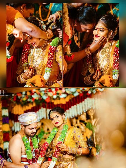 A collection of beautiful moments from a traditional South Indian wedding ceremony.