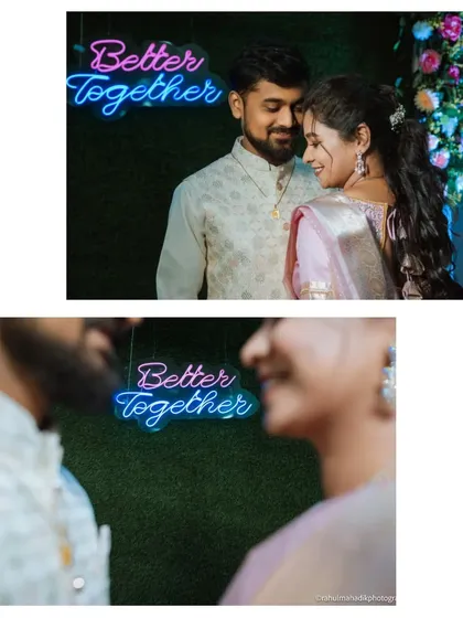 A modern twist on a traditional shoot, with a "Better Together" neon sign. This collage shows how we can incorporate fun, contemporary props to personalize your pre-wedding photos.