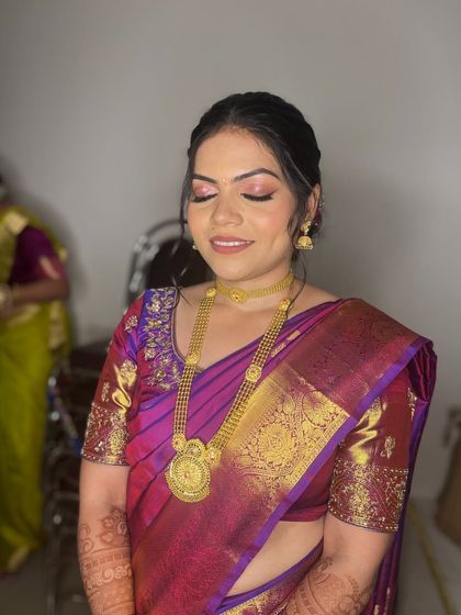 A close-up showing the soft, blended eyeshadow and flawless base for this engagement makeup.