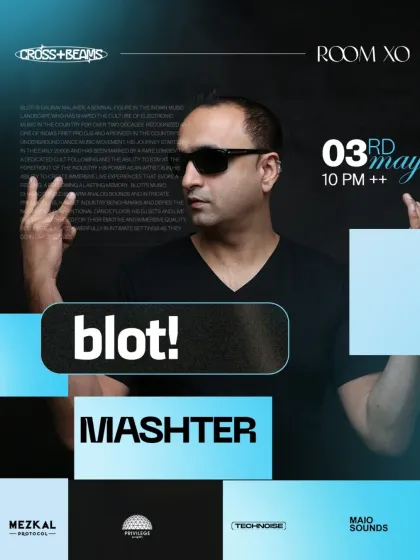 The official poster for the Cross & Beams night at Room XO, featuring me alongside the pioneering electronic act BLOT!.