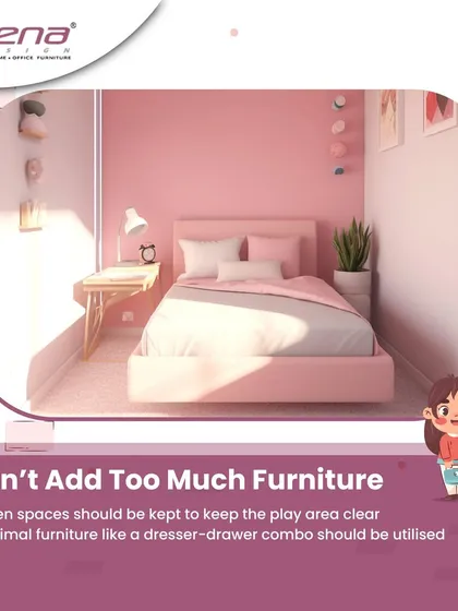 To create a functional kid's bedroom, avoid adding too much furniture. Keeping open spaces for play is important. We suggest using minimal furniture like a dresser-drawer combo to maximize storage without cluttering the room.