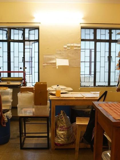 The studio space during the "Mindscapes" exhibition, showing how we can host both art displays and our regular creative activities simultaneously.