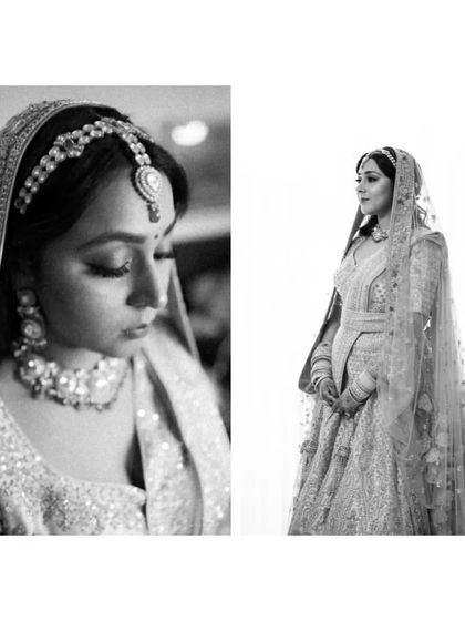 A classic black and white diptych of the bride, capturing her serene beauty in both a close-up and a full-length portrait.