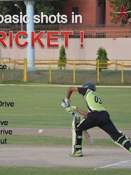 We teach the fundamentals, including the 10 basic shots in cricket. This graphic shows a player executing a perfect cover drive, a key skill covered in our batting clinics.