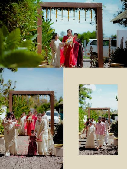 A collection of images capturing the beautiful procession and entrance of the bride and groom at their backwater destination wedding.