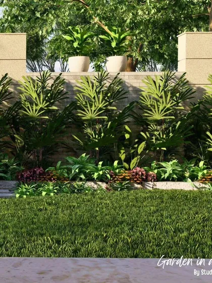 This render focuses on the layered planting design for a villa's garden wall. It illustrates how we use plants of varying heights and textures to create a lush, green backdrop.