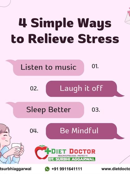 Stress relief is essential for preventing emotional eating and staying on track. Here are four simple ways to relieve stress that I recommend to my clients: listen to music, laugh, sleep better, and be mindful.