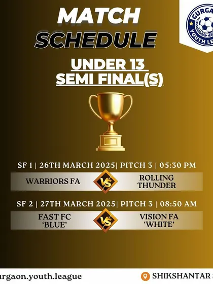 The U13 Gold Cup semi-final schedule for the Gurgaon Youth League. Competing in knockout stages is crucial for player development.