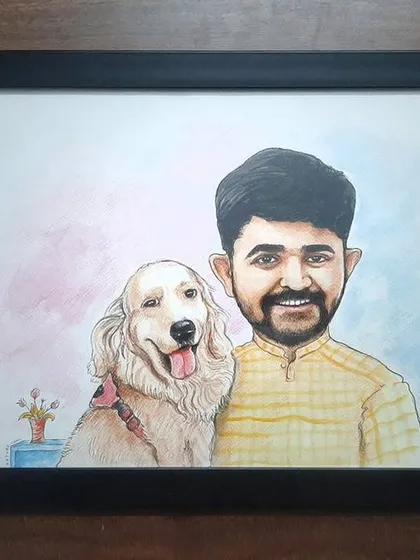 A beautiful handmade caricature of a man and his golden retriever, shown with the reference photos and our watercolor palette.