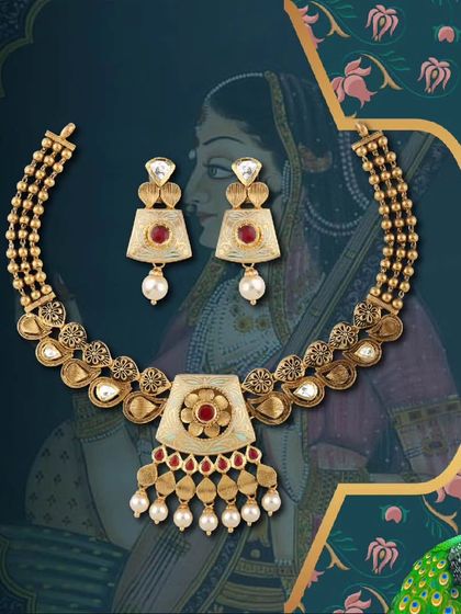 Step back in time with this beautiful antique necklace set from our Pratab collection. The use of enamel and pearls adds a vintage elegance that is highly sought after.