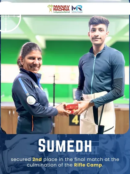 Our shooter Sumedh receives his 2nd place prize from Coach Deepali Deshpande, showcasing the competitive yet supportive environment of our training camps.