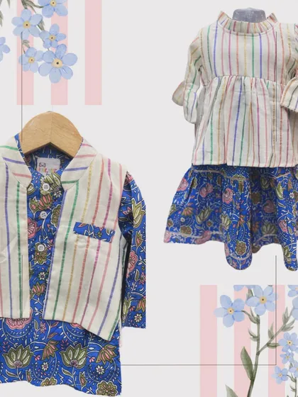 A closer look at one of my favorite twinning combinations. The boy's set features a Kalamkari print kurta with a multi-color striped bandi, perfectly complementing the girl's striped top and Kalamkari sharara.