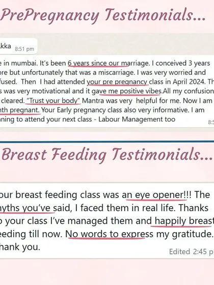 A mother shares she is now one month pregnant after six years of marriage and a previous miscarriage, feeling positive after my class. Another says my breastfeeding class was an "eye opener" that helped her manage real-life myths.