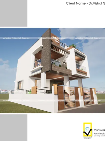 A different angle of the 'Gawand's Villa' in Uran, showing how the design looks from the street corner. We consider the building's appearance from all approachable viewpoints.