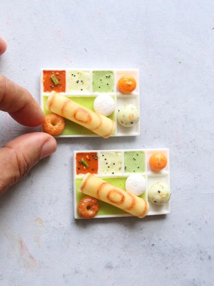 A pair of South Indian breakfast platter miniatures, showcasing the consistency and detail in my work.