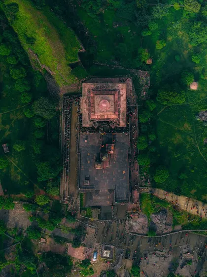 A top-down perspective of the incomplete Bhojpur Temple. This shot reveals the temple's massive, open-air structure and the single-stone Shiva Linga at its heart.
