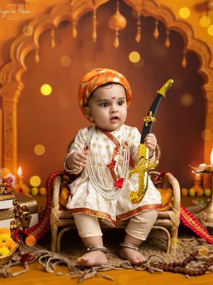 A full-length portrait of the 'Bal Shivaji' setup, showcasing the detailed costume, props, and the warm, glowing background.