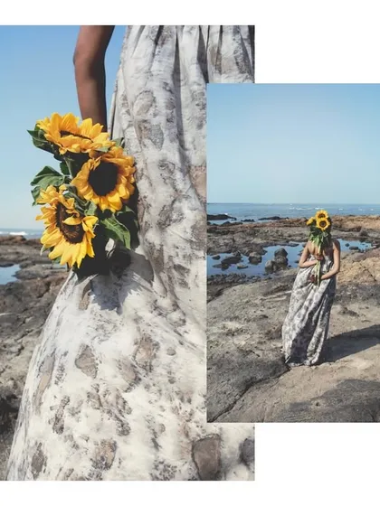 A collage from the 'Sacred Wrap' campaign, combining a wide shot with a detail of the dress. This format highlights both the overall look and the subtle pattern of the fabric.