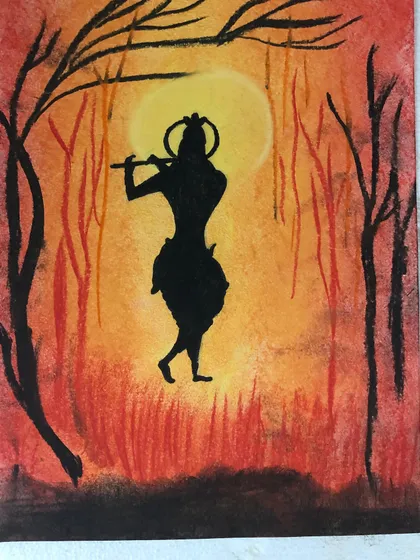 This silhouette of Krishna playing his flute against a fiery sunset was created with soft pastels. This is a technique I teach in my workshops, showing students how to create dramatic contrast between light and dark.