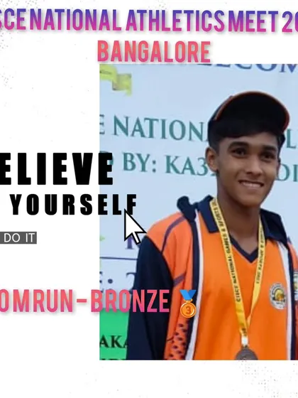Believing in yourself is the first step. A graphic celebrating a bronze medal win in the 800m run at the CISCE National Athletics Meet.