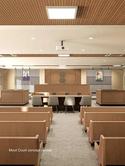 We design specialized spaces that support rigorous academic programs. This concept render of a moot court for GL Bajaj University’s Law Institute shows our approach to creating immersive, purpose-built environments that prepare students for their future professions.