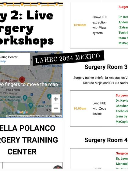 The schedule for the live surgery workshop at LAHRC Mexico 2024, where I demonstrated the Long Hair FUE technique.