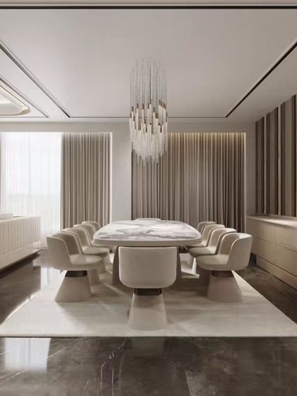 This dining room render focuses on a minimalist and monochromatic aesthetic. We've highlighted the clean lines of the furniture, the subtle texture of the wall panels, and the striking modern chandelier to create a sophisticated atmosphere.