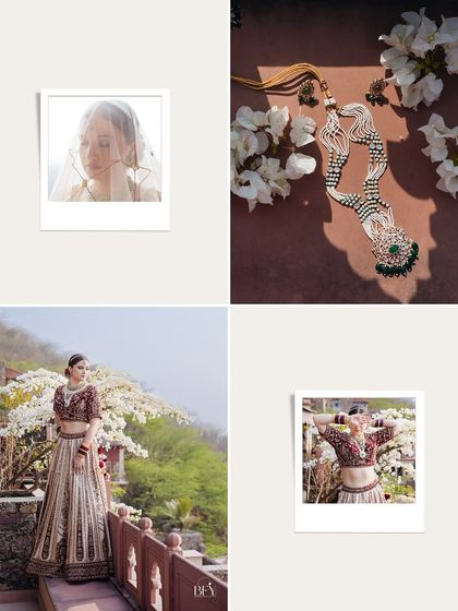 A collage of artistic bridal portraits, featuring flowers, jewelry, and creative framing.