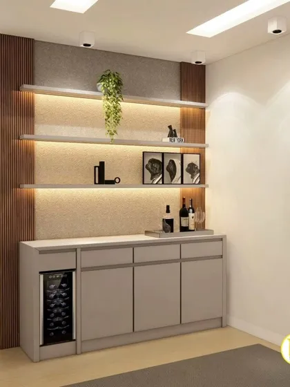 A close-up of the custom bar and crockery unit, featuring backlit shelves and a built-in wine cooler.