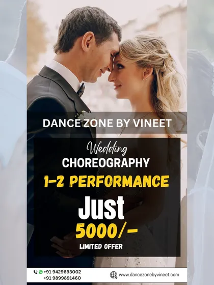 A special limited-time offer for wedding choreography. Get one or two performances choreographed for just ₹5000. Perfect for a couple's dance or a special solo act.