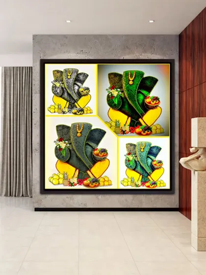 A digital collage showcasing my Ganesha painting in different color schemes and textures. This demonstrates how a single digital artwork can be customized to fit various interior design palettes.