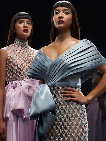 A couture shoot for Alpana Neeraj, where our focus was on creating a dark, minimalist backdrop to emphasize the garment's structural elegance and intricate details. This is an example of our work with high-fashion and demi-couture brands.