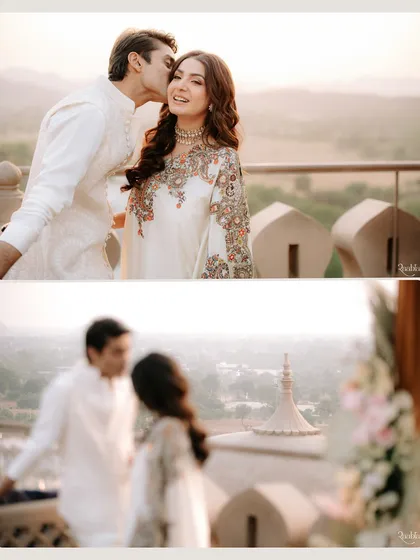 A diptych of sweet moments between Radheeka and Pulkit at sunset in Jaipur, capturing a gentle kiss and a soft-focus embrace.