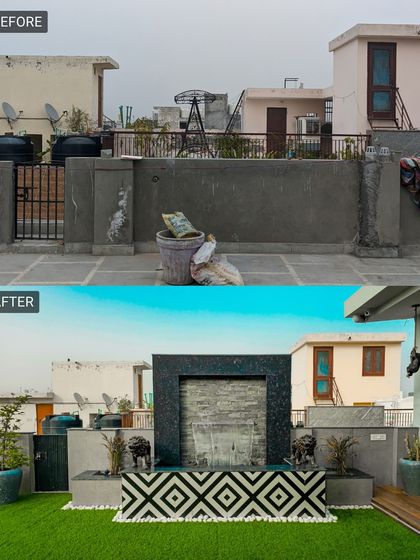 This plain wall and empty space became a bold statement piece. We designed and installed a modern water feature with lion statues and a striking geometric tile pattern, creating an instant focal point.