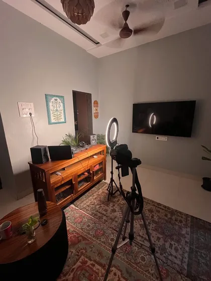A wide shot of my home studio setup for filming one of my DJ sessions. You can see the camera, ring light, and my console ready to go.