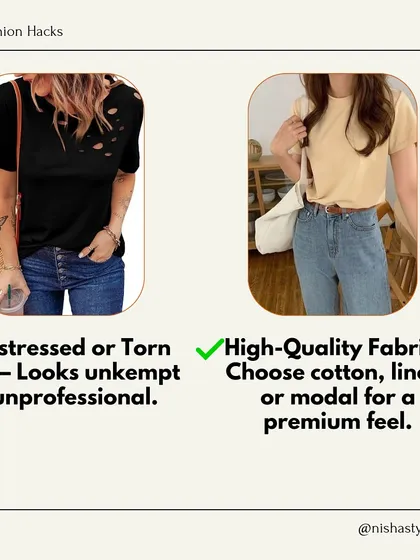 Not all tees are office-appropriate. Avoid distressed or torn t-shirts that look unprofessional. Instead, choose high-quality fabrics like cotton or linen for a premium feel.