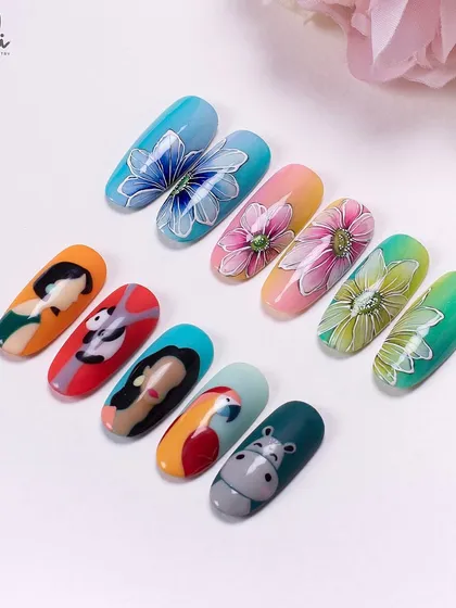 A mix of gel-painted flowers and cute character art.