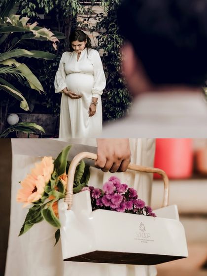 A collage showing the mom-to-be from a distance and a close-up of her holding a basket of flowers, capturing both the setting and the details.