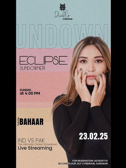 The poster for the Eclipse Sundowner at Diablo, Gurgaon. A perfect Sunday evening with fresh tunes and live cricket screening.