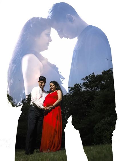 A creative double exposure maternity portrait. This artistic technique blends an intimate silhouette of the couple with a full-length color photo, creating a unique and memorable image.