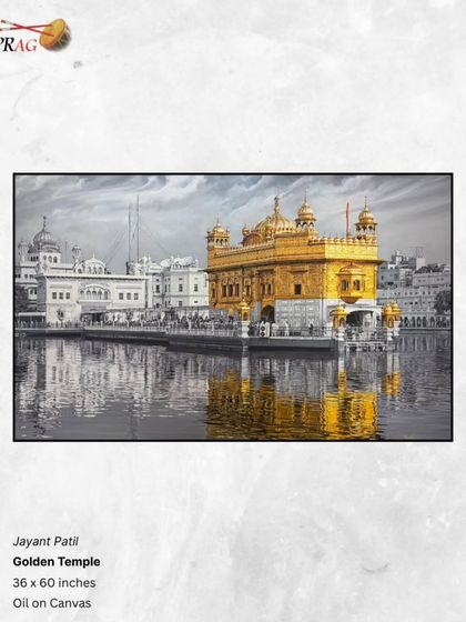 A stunning painting of the Golden Temple by Jayant Patil, where the sacred shrine is rendered in brilliant gold against a monochrome background.
